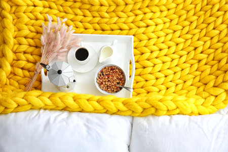 Tray with tasty breakfast on bed