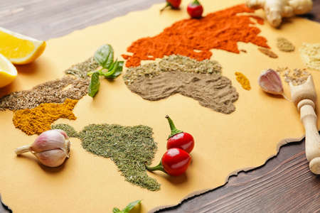 World map made of different spices on tableの写真素材