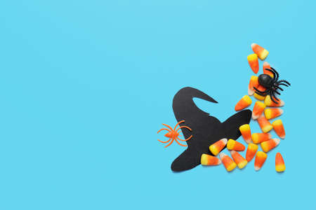 Tasty candies and decor for Halloween on color background