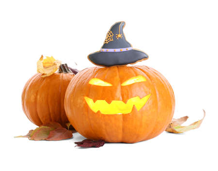 Halloween pumpkins on white backgroundの写真素材