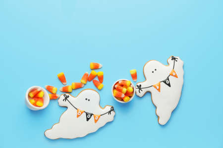 Tasty candies and cookies for Halloween on color backgroundの写真素材