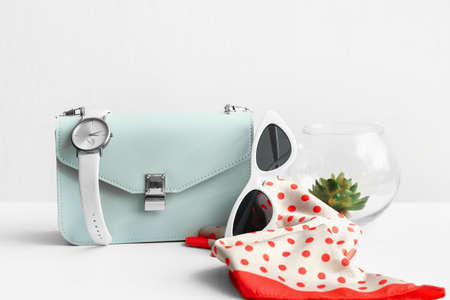 Stylish female sunglasses and accessories on light background