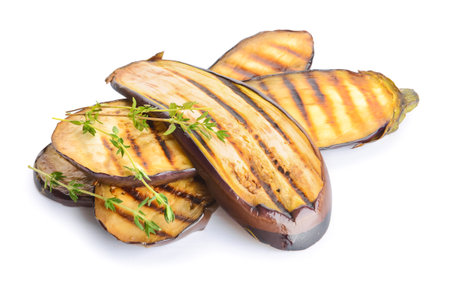 Tasty grilled eggplant on white backgroundの写真素材