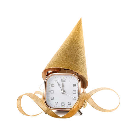 Alarm clock and decor on white background. Christmas time