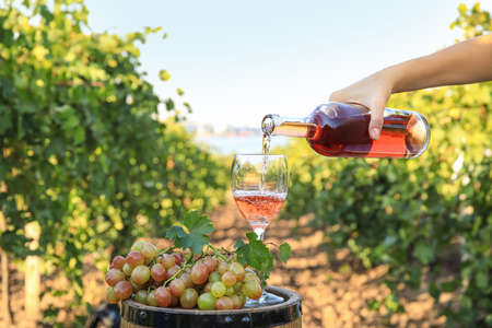 Woman pouring tasty wine in glass outdoors