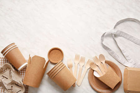 Eco composition with tableware on light backgroundの写真素材