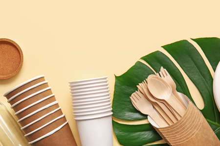 Eco tableware on color backgroundの写真素材