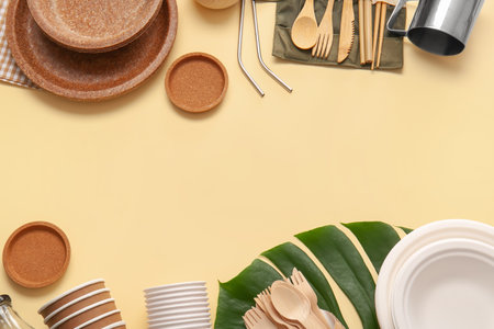 Eco composition with tableware on color backgroundの写真素材