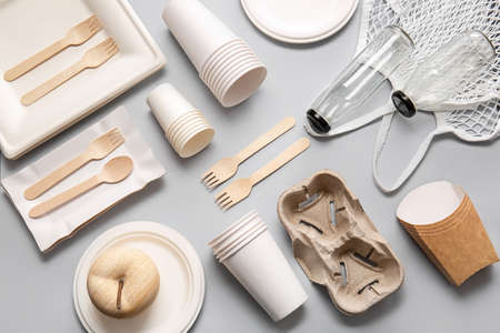Eco composition with tableware on light backgroundの写真素材