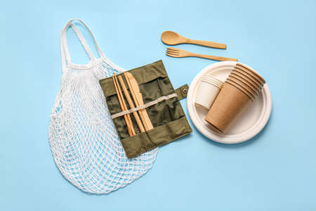 Eco tableware on color backgroundの写真素材