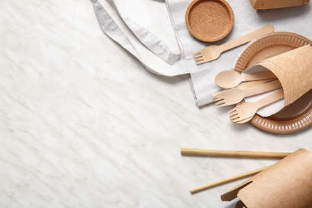 Eco composition with tableware on light backgroundの写真素材