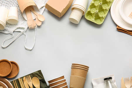 Frame made of eco tableware on light backgroundの写真素材