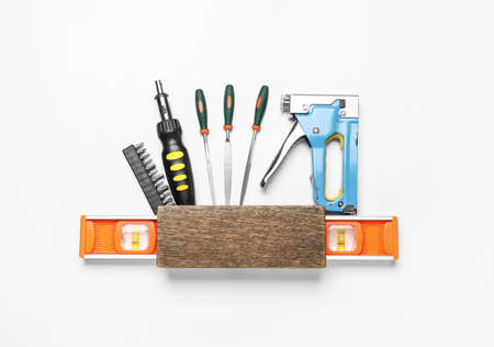 Set of construction tools on white background
