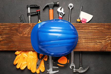 Set of construction tools on dark backgroundの写真素材