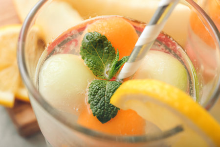 Glass of cold melon cocktail, closeupの写真素材
