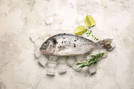 Raw dorado fish with spices and ice on light backgroundの写真素材