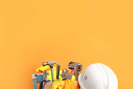 Set of construction tools on color backgroundの写真素材