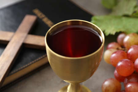Chalice of wine on table, closeupの写真素材