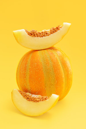 Sweet ripe melon on color backgroundの写真素材