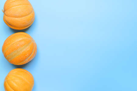 Sweet ripe melons on color backgroundの写真素材