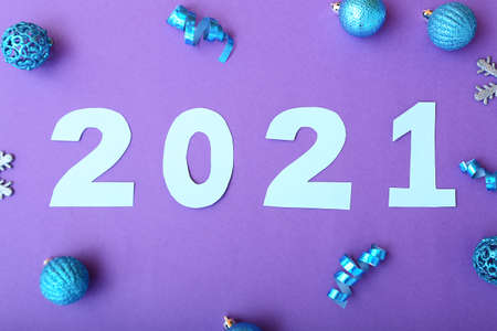 Figure 2021 with Christmas decor on color backgroundの写真素材
