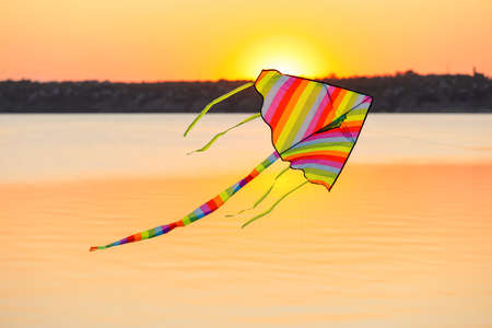 Colorful kite flying near river at sunsetの写真素材