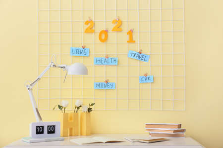 Moodboard with figure 2021 and different goals on wall in room
