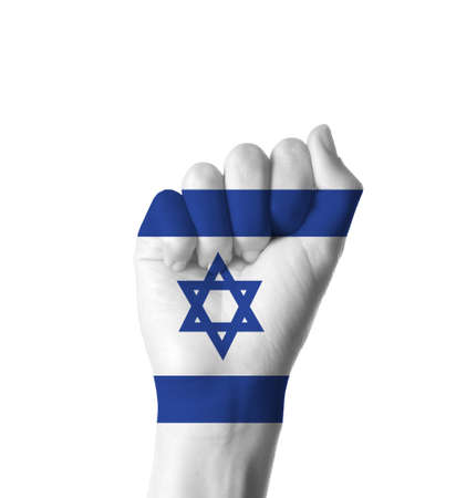 Clenched fist in colors of Israeli flag on white backgroundの写真素材