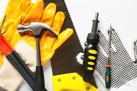 Set of construction tools on white background