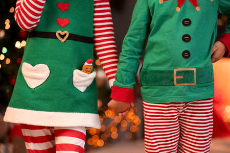 Cute little elves at home on Christmas eveの写真素材