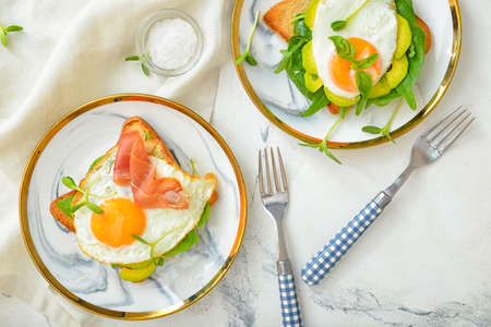 Plates with tasty sandwiches on white background