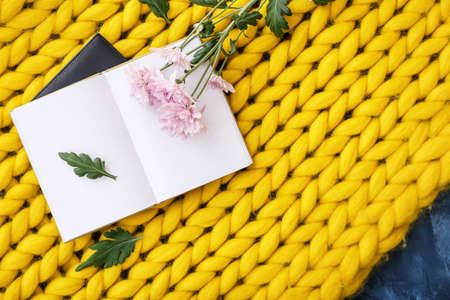 Books with flowers on knitted plaid