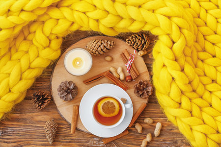 Winter composition with knitted plaid and cup of tea on table