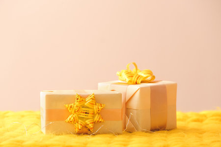 Gift boxes on knitted plaidの写真素材