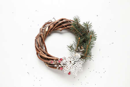 Beautiful Christmas wreath on white backgroundの写真素材