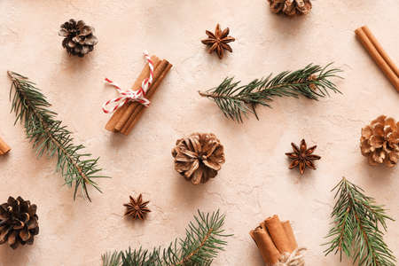 Beautiful Christmas composition on color backgroundの写真素材