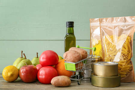 Different products on wooden background