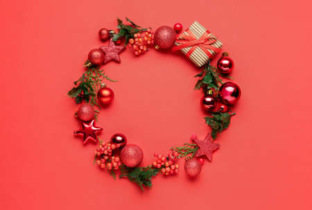 Beautiful Christmas composition on color backgroundの写真素材