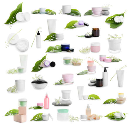 Set of cosmetic creams with lily-of-the-valley flowers on white backgroundの写真素材