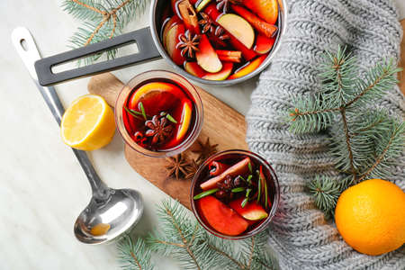Tasty mulled wine on tableの写真素材