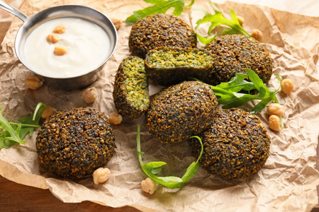 Board with tasty falafel balls and sauce on wooden background, closeup