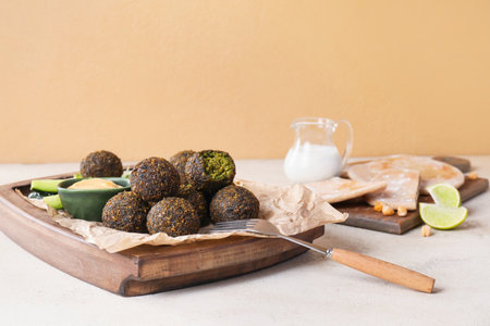 Board with tasty falafel balls, pita and sauce on light background