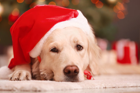 Cute funny dog in Santa hat at home on Christmas eveの写真素材