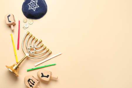 Composition for Hanukkah celebration on color backgroundの写真素材