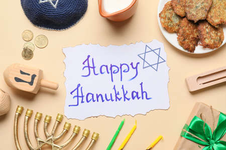 Composition for Hanukkah celebration on color background