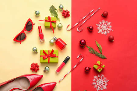 Christmas composition with cosmetics on color backgroundの写真素材