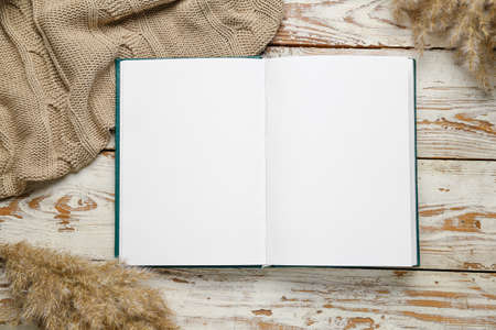 Blank open book and reed on wooden background
