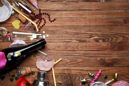 Mess after party celebration on wooden backgroundの写真素材