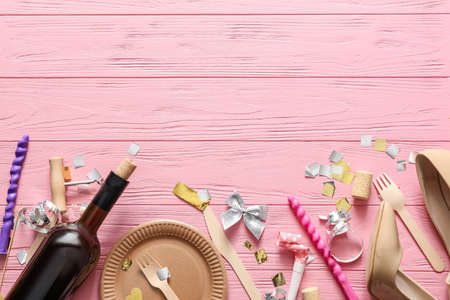 Mess after party celebration on color wooden backgroundの写真素材