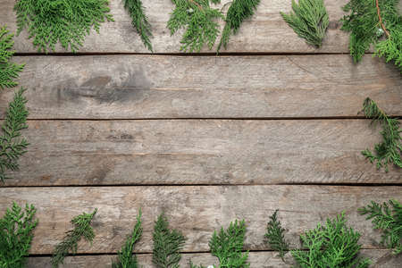 Frame made of Christmas tree branches on wooden background